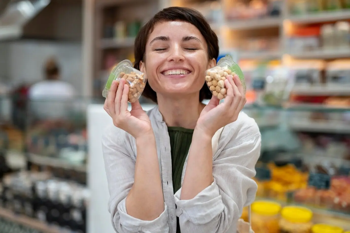 Eine Frau sucht bei einem lokalen Produzenten nach Leckereien.